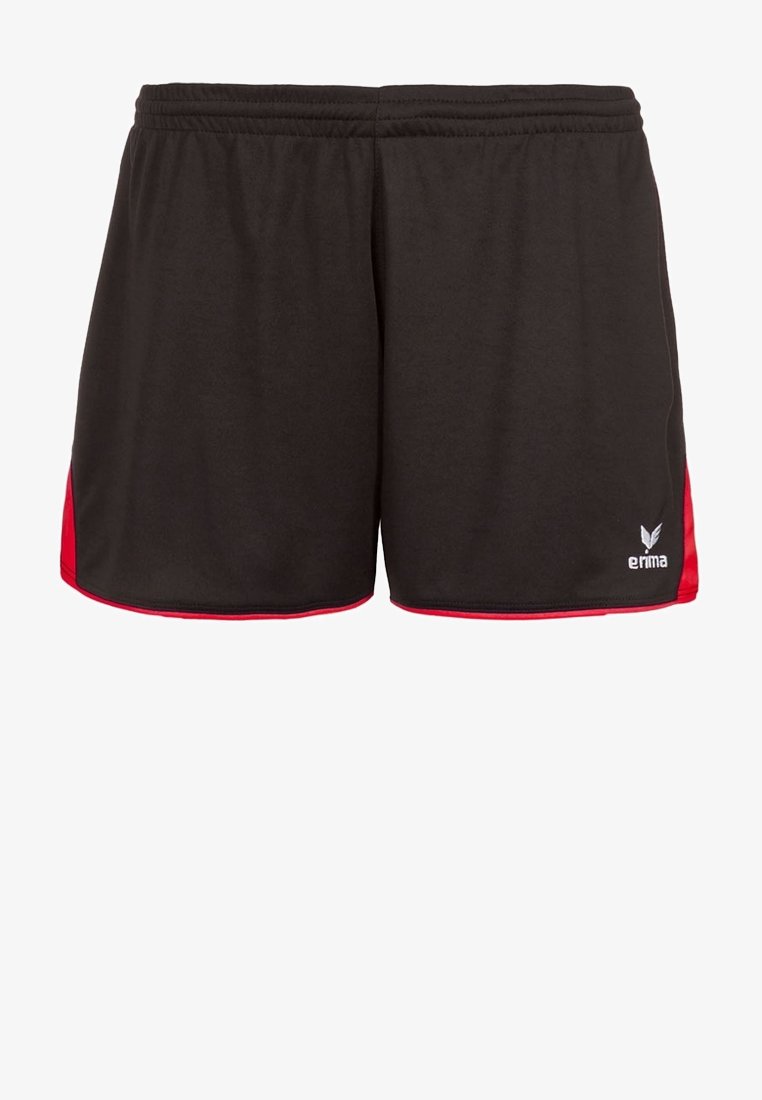 Shorts de sport noirs avec des panneaux latéraux rouges et une ceinture élastique, avec un petit logo blanc Erima sur la partie inférieure de la jambe droite.