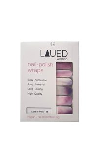 Wraps per unghie in gradiente rosa, confezionati in una scatola bianca. Il testo evidenzia la semplice applicazione, rimozione e le qualità vegane e cruelty-free.