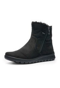 Stivaletto alla caviglia in suede nero con zip laterale, fodera in pile e suola in gomma rigata progettata per il freddo.