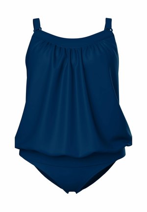 Tmavě modré jednodílné plavky s nastavitelnými ramenními popruhy a volným, nařaseným topem ve stylu tílka.
