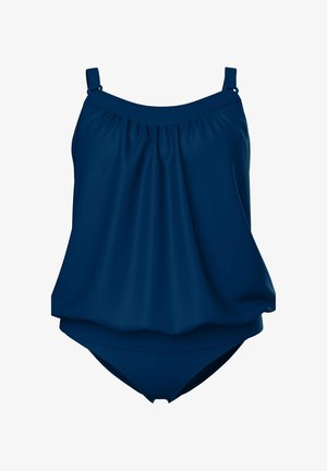 Tmavě modré jednodílné plavky s nastavitelnými ramenními popruhy a volným, nařaseným topem ve stylu tílka.