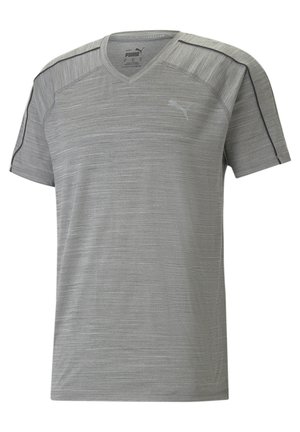 Grå kortærmet atletisk T-shirt med V-hals, subtilt horisontalt stribet tekstur og et Puma-logo på venstre bryst samt sorte piping på skuldrene.