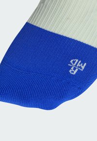 Blauwe en lichtgroene gestreepte sok van ribstof. Kenmerkt zich door een gladde textuur en een wit logo nabij de teen.