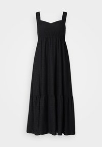 Schwarzes Baumwollkleid mit quadratischem Ausschnitt und breiten Trägern. Verfügt über einen gestuften Rock und ein Lochmuster. Mittellange Länge bis zur Mitte der Waden.