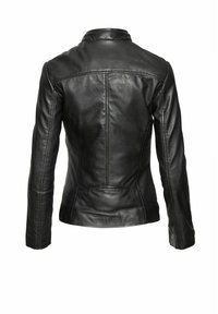 Black leather jacket with a fitted design, a small collar, long sleeves, and stitched detailing on the back and sides.