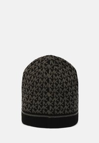 Bonnet en tricot noir et gris avec un motif répété "MK" et un revers côtelé noir uni en bas.
