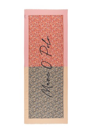 Écharpe rectangulaire avec des bordures roses et beiges, divisée en sections florales rouges et grises, comportant l'inscription « Mare Di Pi » au centre.