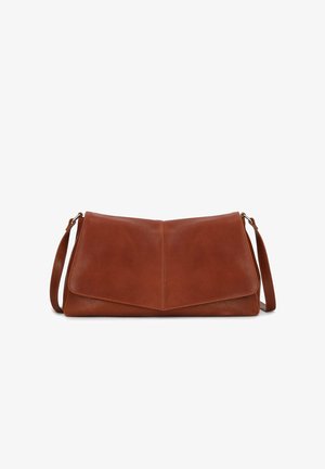 Brown leather handbag with a triangular flap design, smooth texture, and a detachable strap. Features clean lines and minimalist style.