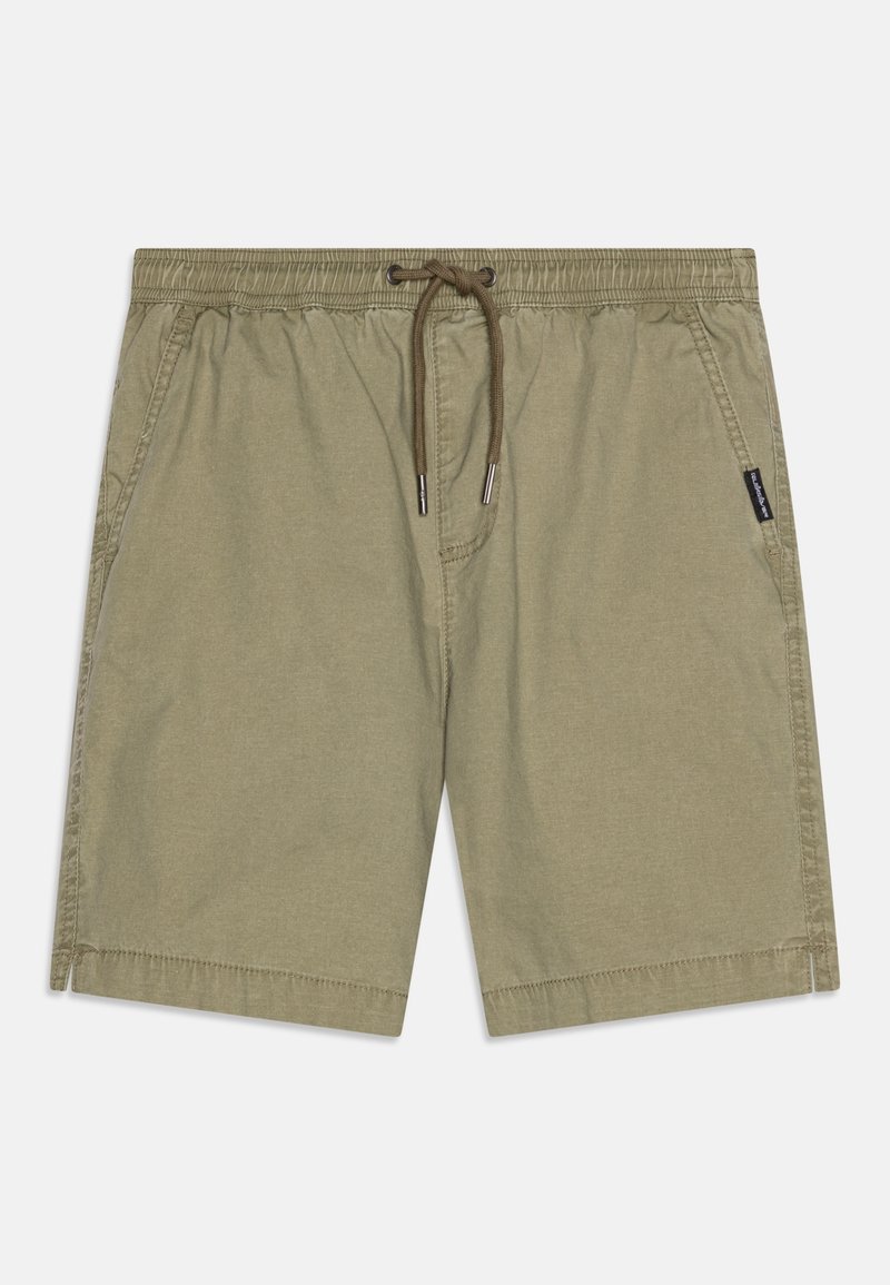 Shorts décontractés vert kaki avec taille élastique, cordon marron, poches latérales et petite étiquette de marque noire sur la poche droite.