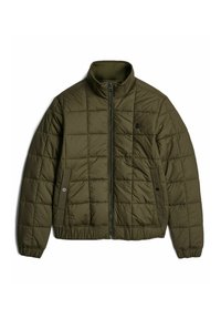 Vadderad jacka i olivgrön med hög krage, quiltat mönster, dragkedja framtill och sidofickor. Tillverkad av mjukt, vattentåligt material.