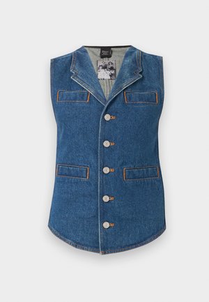 Jeansvest med krage, fem knappelukking og to frontlommer. Har kontrastfarget oransje søm på blått stoff.