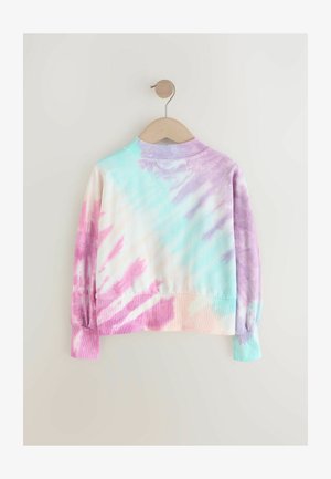 Sudadera de cuello redondo con diseño de tie-dye en tonos pastel de azul, rosa y morado. Presenta mangas largas y puños y dobladillo acanalados.