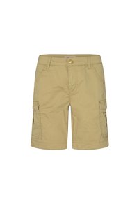 Beige cargo shorts valmistettu puuvillasta, naptiluku, sivutaskut ja läpipussit molemmissa lahkeissa. Rentompi muotoilu, polvenpituinen leikkaus.