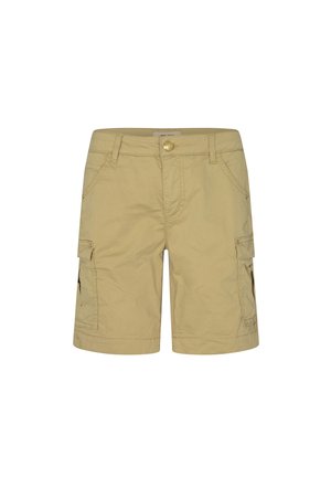 Beige cargo shorts made of cotton with a button closure, side pockets, and patch pockets on both legs. Casual design, knee-length cut.