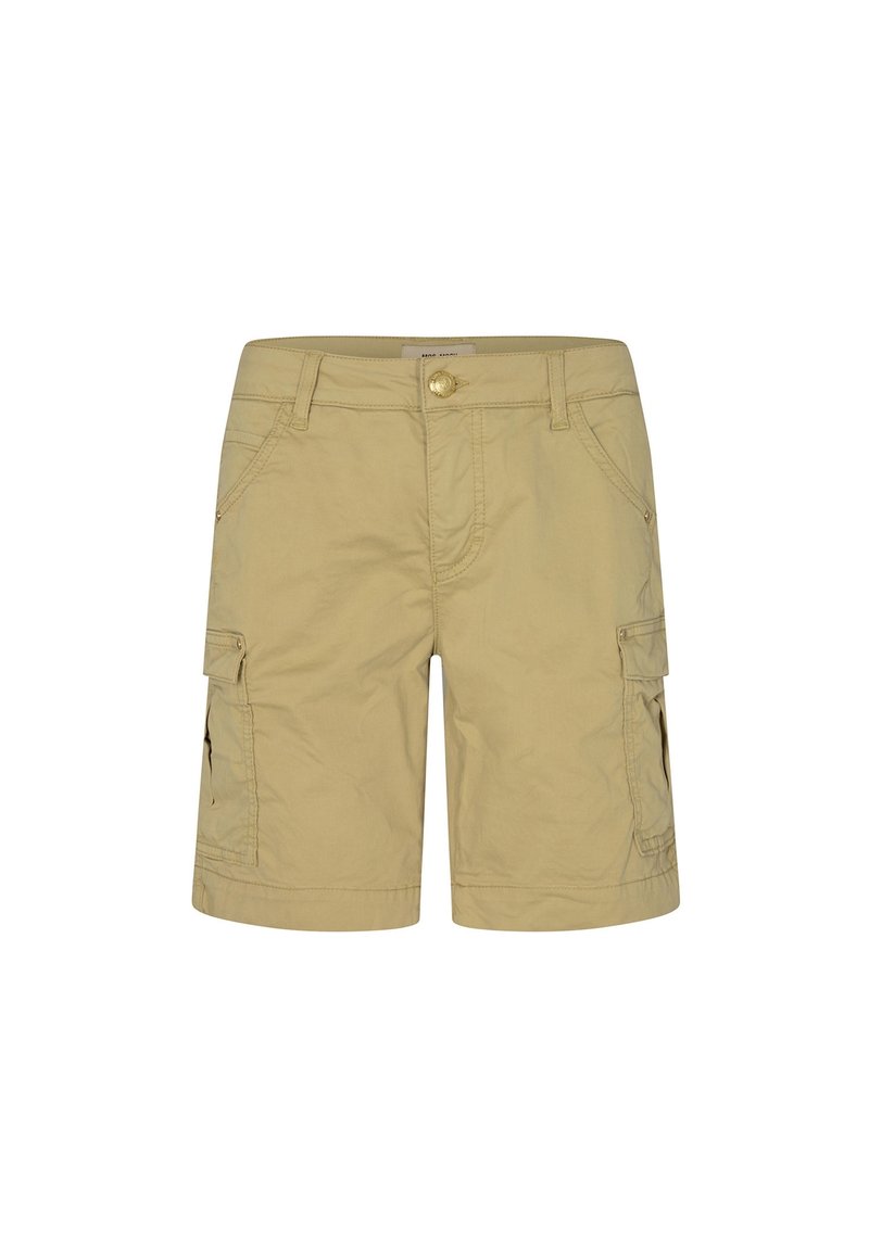Beige cargo shorts valmistettu puuvillasta, naptiluku, sivutaskut ja läpipussit molemmissa lahkeissa. Rentompi muotoilu, polvenpituinen leikkaus.