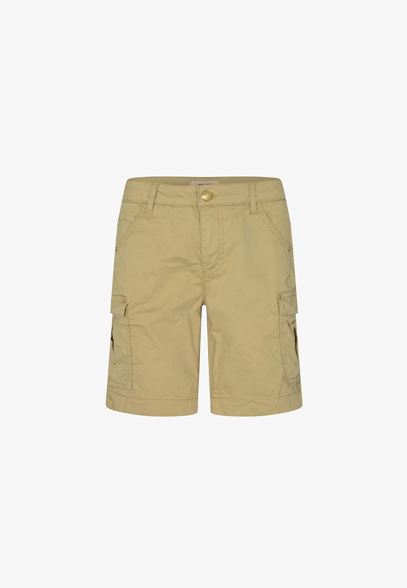 Beige cargo shorts valmistettu puuvillasta, naptiluku, sivutaskut ja läpipussit molemmissa lahkeissa. Rentompi muotoilu, polvenpituinen leikkaus.
