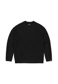 Schwarzer Pullover mit langen Raglanärmeln, gerippten Bündchen und Rundhalsausschnitt. Aus weichem Stoff gefertigt, mit einem kleinen Logotag an der unteren Seite.