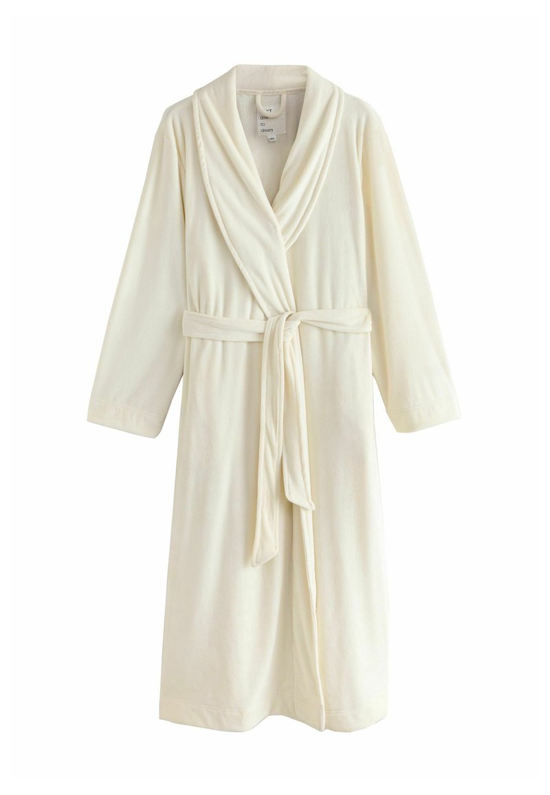 Rochie de baie de culoare crem, fabricată dintr-un material moale, cu maneci lungi, guler tip șal și un cordon la talie. Nu are modele sau accente.