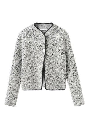 Gray and white textured cardigan with a slightly cropped design, round neckline, and black trim, featuring a single button closure.