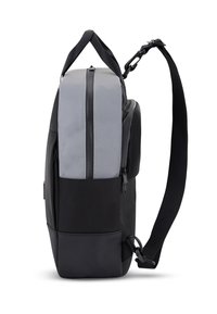Gray and black backpack with a rectangular shape, featuring a smooth texture, dual zippers, and a detachable adjustable strap.