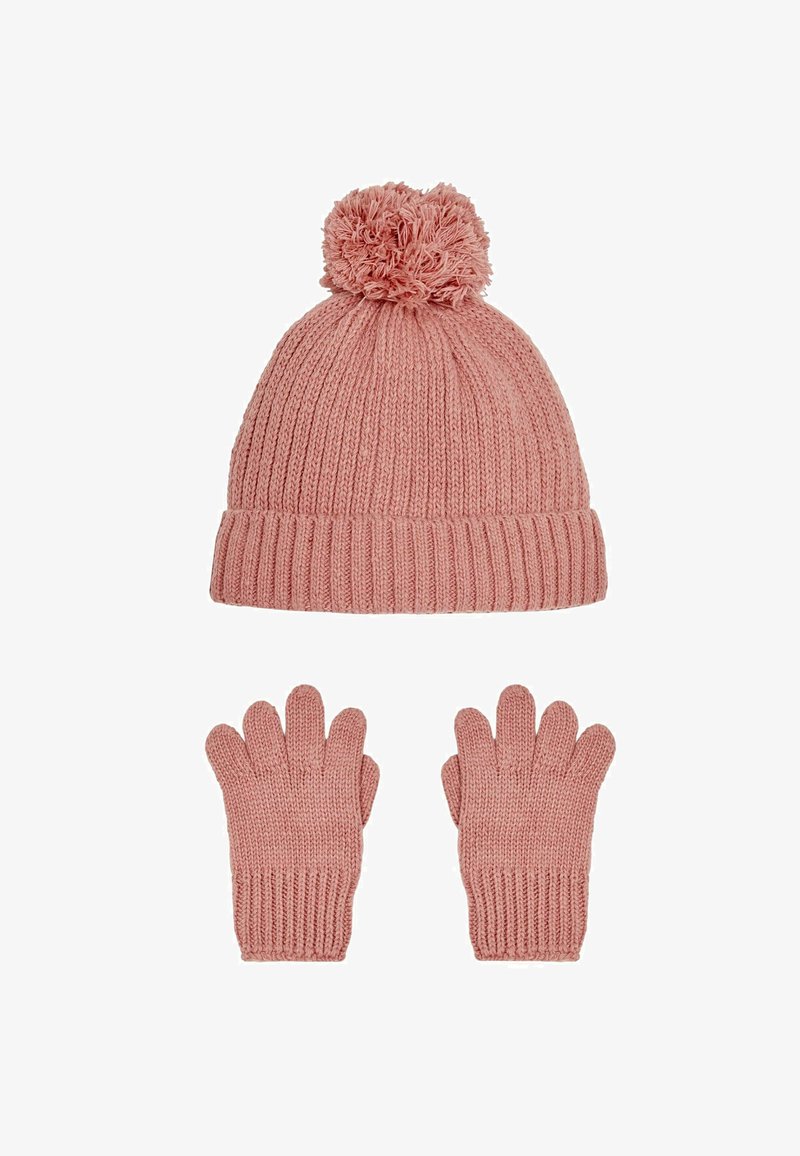 Neulettu vaaleanpunainen pipo, jossa on tupsu päällä, ja siihen sopivat vaaleanpunaiset hanskat, joissa on ribbitekstuuri ja teksturoitu pinta.