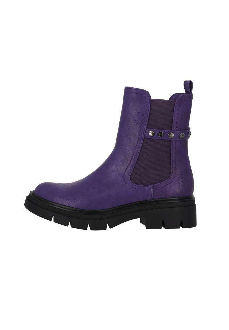 Botines morados de tobillo hechos de material sintético suave con un panel texturizado, suela de goma negra y adornos metálicos decorativos.