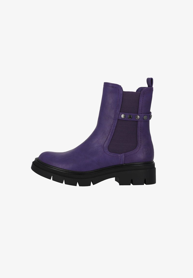 Bottines violettes en matériau synthétique lisse avec un panneau texturé, une semelle en caoutchouc noir et des accents métalliques décoratifs.