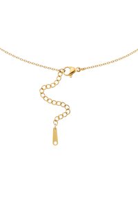 Goldkette mit einem Karabinerverschluss, verstellbarer Länge mit runden Gliedern und einem flachen Anhänger mit einem kleinen runden Loch am Ende.