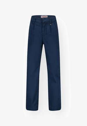 Granatowe, dopasowane spodnie o gładkiej teksturze, z pasem w talii, przednimi kieszeniami i subtelnymi detalami w szwie.