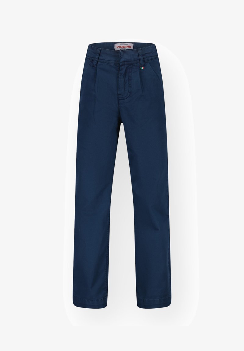 Mornarji modri prilagojeni hlače z gladko teksturo, ki imajo pas, sprednje žepe in diskretne detajle šivanja.
