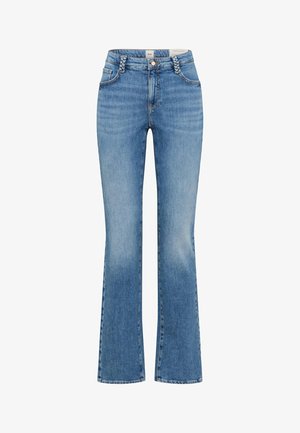 Jeans in denim azzurro chiaro con passanti intrecciati, chiusura frontale con bottone e cerniera, e gambe leggermente svasate.