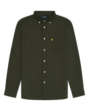 Camasa cu maneci lungi, de culoare verde închis, cu guler și butoni. Prezintă o buzunar pe piept cu un logo galben, butoane albe și o textură netedă.