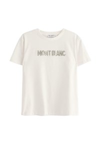 Vit bomull t-shirt med korta ärmar och rund halsringning. Framsidan visar "MONT BLANC" i strukturerad, metallisk bokstäver.