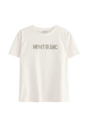 Vit bomull t-shirt med korta ärmar och rund halsringning. Framsidan visar "MONT BLANC" i strukturerad, metallisk bokstäver.