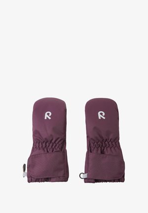 Lila gefütterte Fäustlinge mit elastischen Bündchen, versehen mit einem kleinen weißen Logo und einem seitlichen Clip. Glatte Außenseite und weiches Innenfutter.