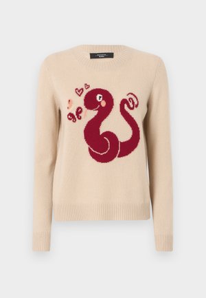 Beige sweater med et design af en rød blæksprutte med hjerter, strikket tekstur, ribbede manchetter og kant samt en rund halsudskæring.