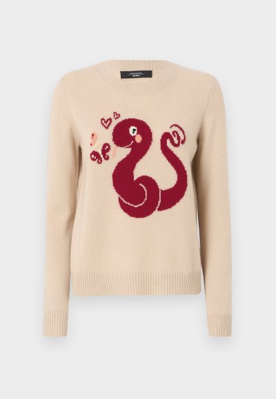 Bežna pulover s dizajnom rdeče hobotnice in srčki, pletena tekstura, rebrasti manšeti in dno ter okrogla izrezana ovratnika.