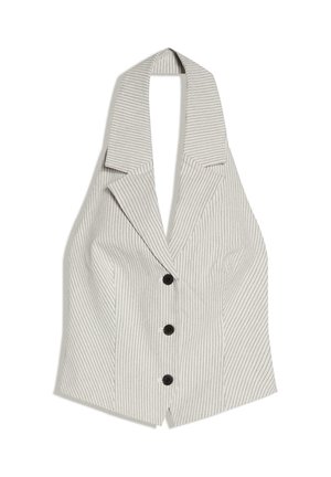 Vestă fără mâneci bej cu dungi fine, rever larg și trei nasturi negri în față, pe un fundal alb.