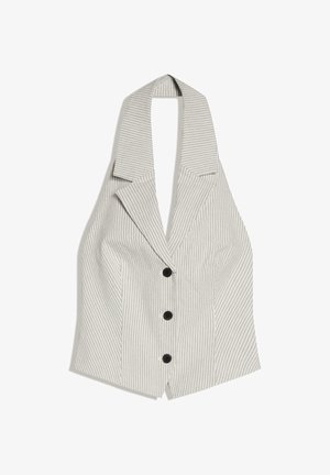 Bezruký béžový vest s tenkými proužky, širokými klopami a třemi černými knoflíky vpředu na bílém pozadí.