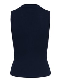 Gilet sans manches en tricot bleu marine avec une texture côtelée et un col rond haut, présenté de dos.