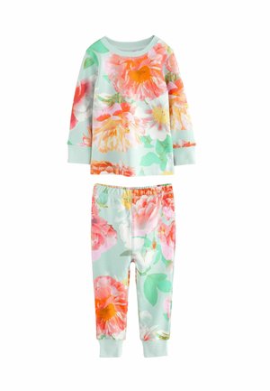 Blumen Schlafanzugset in Mintgrün. Mit großen rosa und orangenen Blumen, langen Ärmeln und elastischem Bund. Weicher, dehnbarer Stoff.