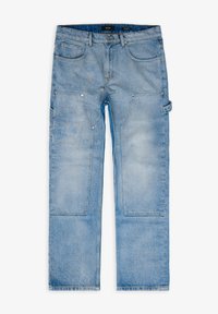 Pantalon cargo en denim bleu clair avec une coupe droite, doté de poches à l'avant, de poches latérales et d'accents métalliques brillants.