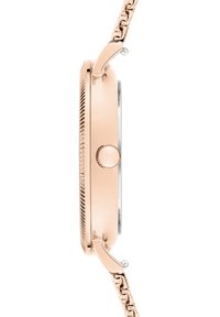 Roze gouden horloge met een gemêleerde bezel, ronde kast en een schakelarmband. Wijzerplaat zichtbaar door helder glas. Zijaanzicht.