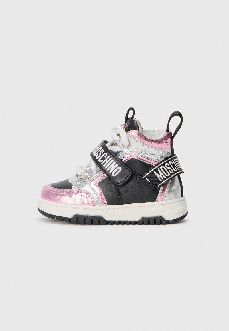 Black, silver, and pink synthetic sneakers with a high-top design. Features a Velcro strap, laces, and "Moschino" branding on the side.