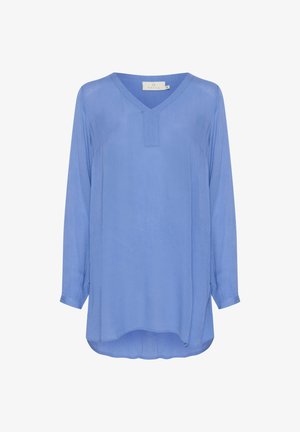 Blue long-sleeve blouse with a V-neckline and a relaxed fit. Made from soft fabric, featuring a small front slit and rounded hem.