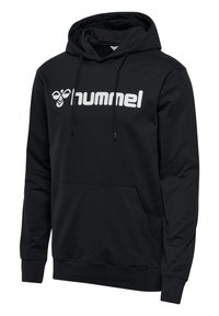 Hoodie nero in cotone, con un grande logo bianco "hummel" sul davanti, coulisse regolabile e tasca a marsupio frontale.