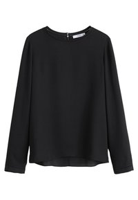 Schwarze Bluse mit langen Ärmeln aus glattem Stoff, mit einem runden Halsausschnitt und Knopfverschluss auf der Rückseite. Schlichtes Design mit geradem Saum.