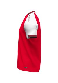 Polo rouge et blanc à manches courtes avec un col, une patte de boutonnage à trois boutons et des poignets de manches contrastants. Texture lisse, coupe décontractée.