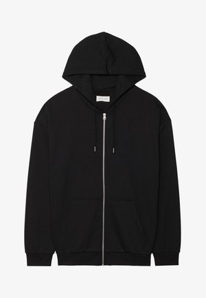 Black zip-up hoodie made of soft cotton fabric. Features a drawstring hood, front pockets, and ribbed cuffs. Simple, plain design.