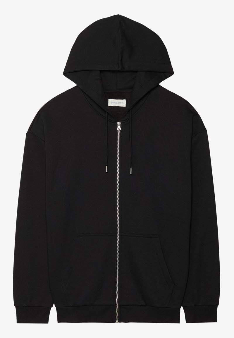 Mustassa vetoketjullisessa hupparissa on pehmeää puuvillakangasta. Siinä on naruhelmalla varustettu huppu, etutaskut ja resorit hihansuissa. Yksinkertainen, yksivärinen muotoilu.